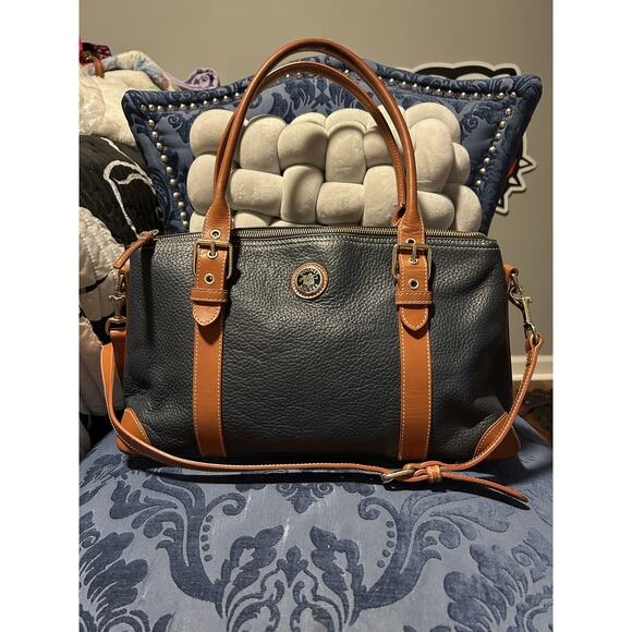 Dooney & Bourke Handbags - Vintage Dooney and Bourke Double Handle Satchel Navy and Tan